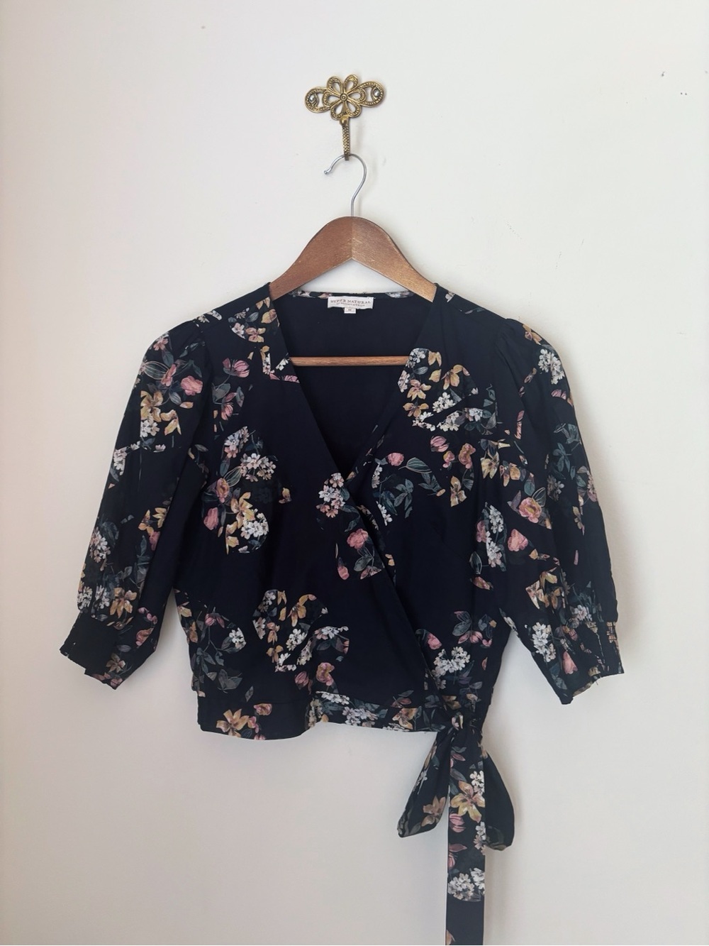 Secret Mission Black Floral Cape Town Bleeker Wrap Top Medium Quiet Luxury
